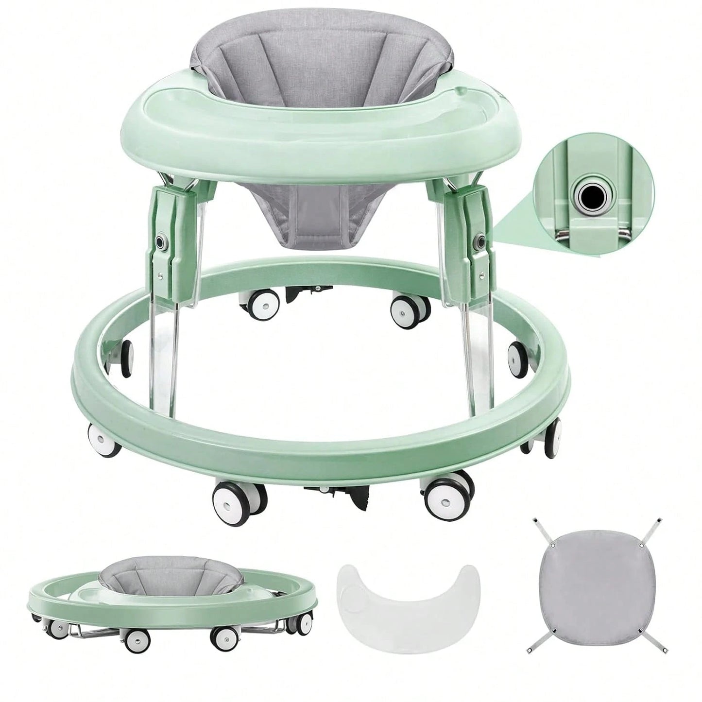 Foldable Baby Walker Activity Center W/ Wheels,Height Adjustable W/ Dinner Plate & Foot Pad For 6-18 Months Babies Infant Boys Girls,, Green