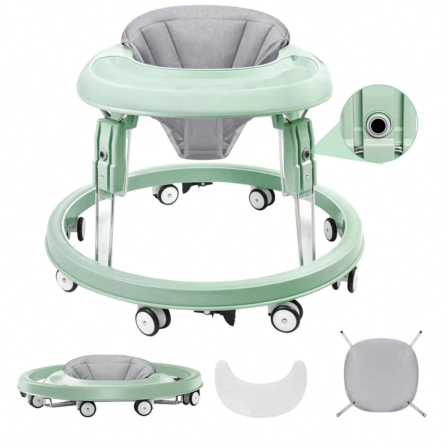 Foldable Baby Walker Activity Center W/ Wheels,Height Adjustable W/ Dinner Plate & Foot Pad For 6-18 Months Babies Infant Boys Girls,, Green