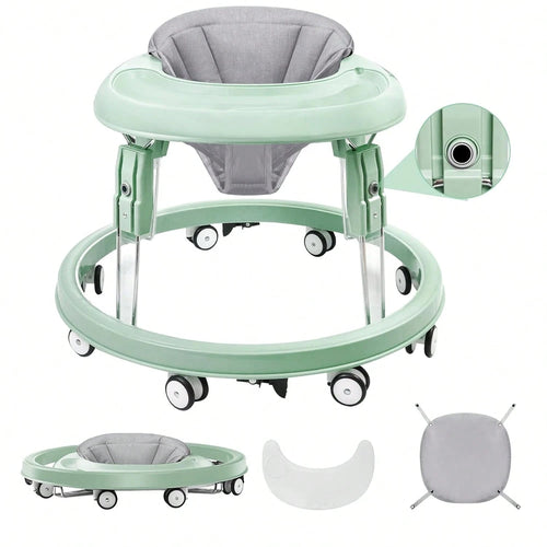 Foldable Baby Walker Activity Center W/ Wheels,Height Adjustable W/ Dinner Plate & Foot Pad For 6-18 Months Babies Infant Boys Girls,, Green
