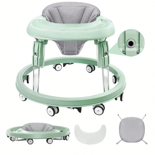 Foldable Baby Walker Activity Center W/ Wheels,Height Adjustable W/ Dinner Plate & Foot Pad For 6-18 Months Babies Infant Boys Girls,, Green