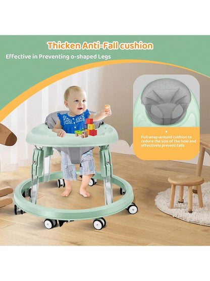 Foldable Baby Walker Activity Center W/ Wheels,Height Adjustable W/ Dinner Plate & Foot Pad For 6-18 Months Babies Infant Boys Girls,, Green