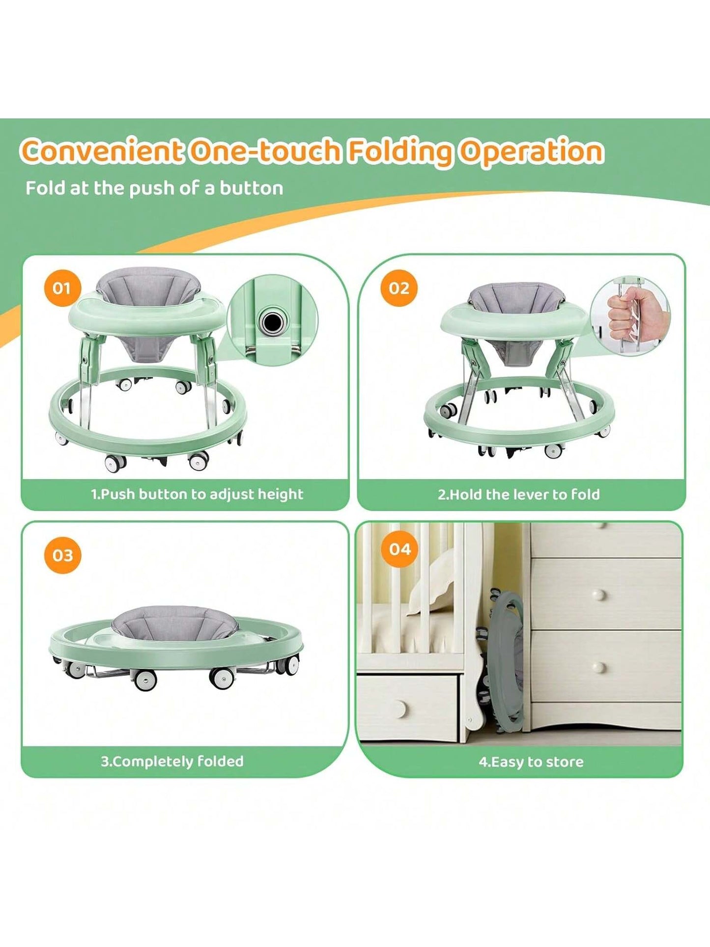 Foldable Baby Walker Activity Center W/ Wheels,Height Adjustable W/ Dinner Plate & Foot Pad For 6-18 Months Babies Infant Boys Girls,, Green