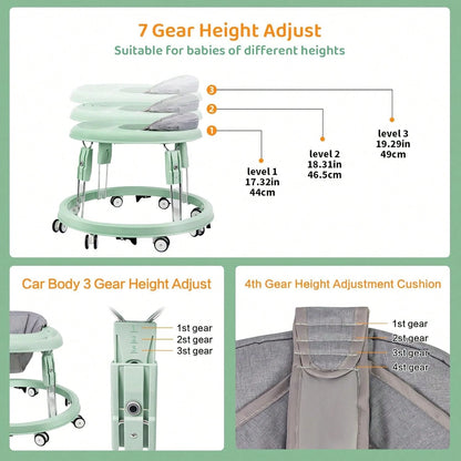 Foldable Baby Walker Activity Center W/ Wheels,Height Adjustable W/ Dinner Plate & Foot Pad For 6-18 Months Babies Infant Boys Girls,, Green