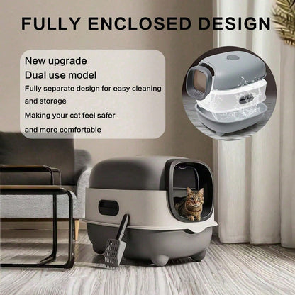 Foldable Cats Litter Box For Home, Enclosed Cats Litter Box With Lid And Scoop, Large Size Anti-Splashing Easy To-Clean, Front Entry And Exit