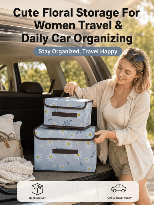 Foldable Daisy Fabric Storage Box With Lid, Dust-Proof Handle, Multi-Functional Storage Organizer, Suitable For Home, Bedroom, Car And Trunk Use