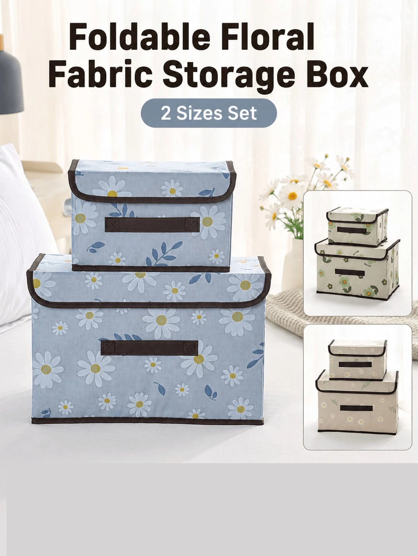 Foldable Daisy Fabric Storage Box With Lid, Dust-Proof Handle, Multi-Functional Storage Organizer, Suitable For Home, Bedroom, Car And Trunk Use