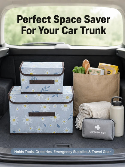 Foldable Daisy Fabric Storage Box With Lid, Dust-Proof Handle, Multi-Functional Storage Organizer, Suitable For Home, Bedroom, Car And Trunk Use