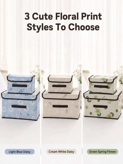 Foldable Daisy Fabric Storage Box With Lid, Dust-Proof Handle, Multi-Functional Storage Organizer, Suitable For Home, Bedroom, Car And Trunk Use