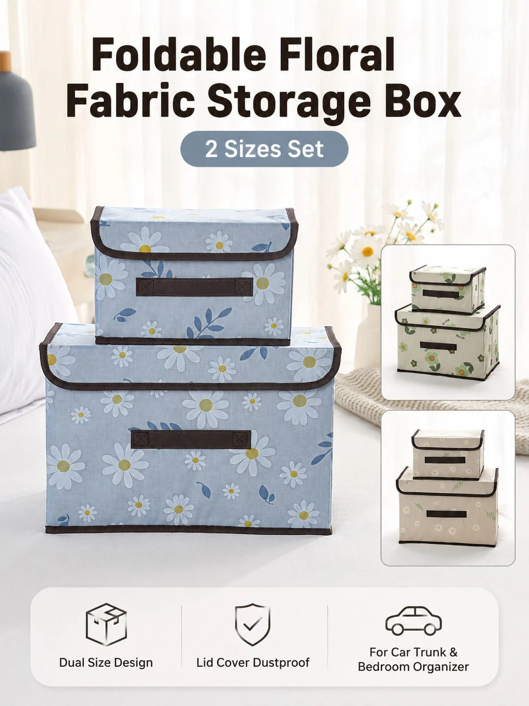 Foldable Daisy Fabric Storage Box With Lid, Dust-Proof Handle, Multi-Functional Storage Organizer, Suitable For Home, Bedroom, Car And Trunk Use