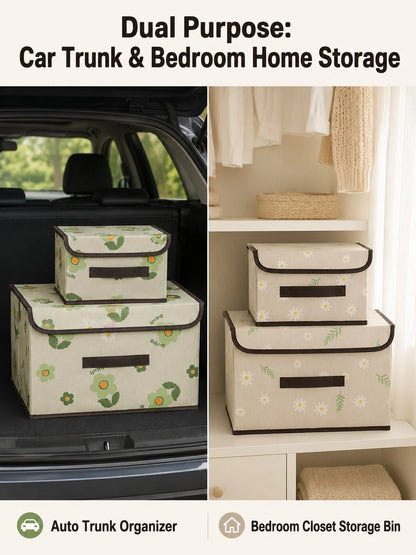 Foldable Daisy Fabric Storage Box With Lid, Dust-Proof Handle, Multi-Functional Storage Organizer, Suitable For Home, Bedroom, Car And Trunk Use
