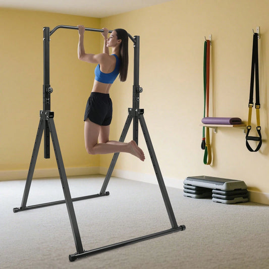 Foldable Free Standing Upper Body Fitness Bar,Black Baking Paint Carbon Steel Freestanding Pull Up Bar, 440LBS Heavy Load, Adjustable 5.74 To 7.55FT Height For Home Gym School Workout Pull Up Leg Rais