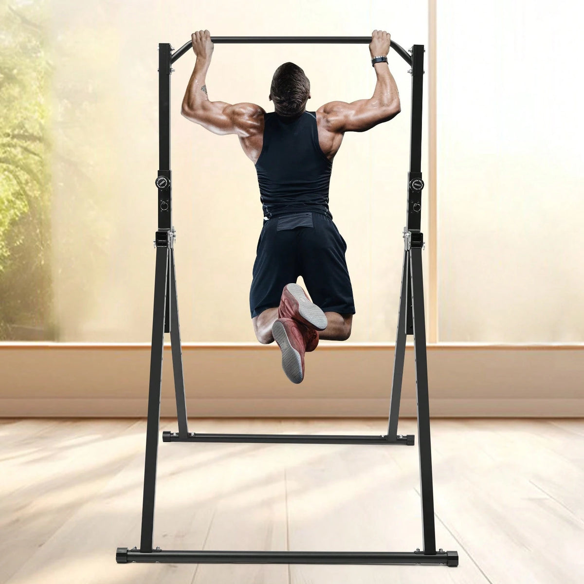 Foldable Free Standing Upper Body Fitness Bar,Black Baking Paint Carbon Steel Freestanding Pull Up Bar, 440LBS Heavy Load, Adjustable 5.74 To 7.55FT Height For Home Gym School Workout Pull Up Leg Rais