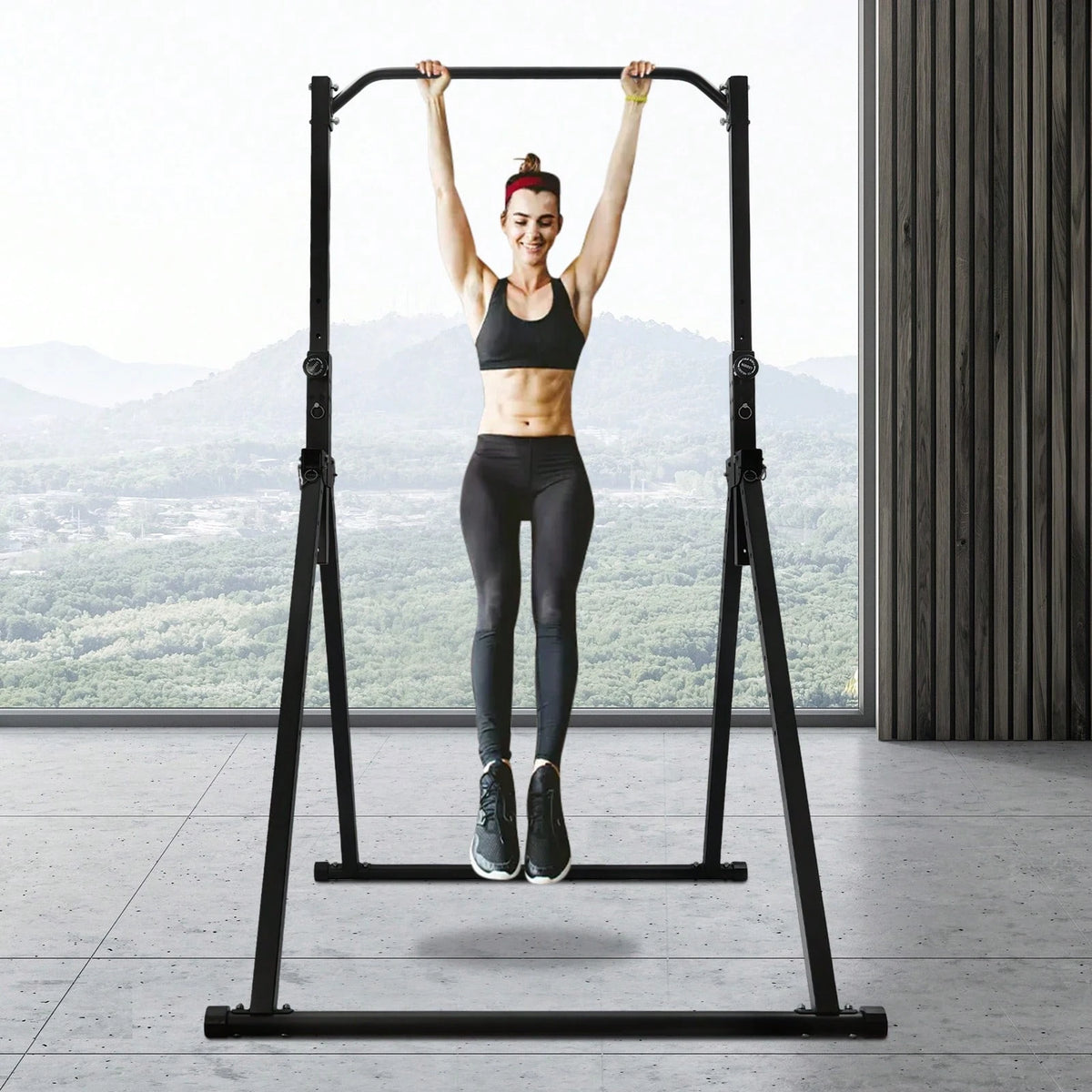 Foldable Free Standing Upper Body Fitness Bar,Black Baking Paint Carbon Steel Freestanding Pull Up Bar, 440LBS Heavy Load, Adjustable 5.74 To 7.55FT Height For Home Gym School Workout Pull Up Leg Rais