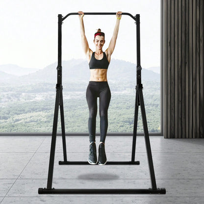 Foldable Free Standing Upper Body Fitness Bar,Black Baking Paint Carbon Steel Freestanding Pull Up Bar, 440LBS Heavy Load, Adjustable 5.74 To 7.55FT Height For Home Gym School Workout Pull Up Leg Rais