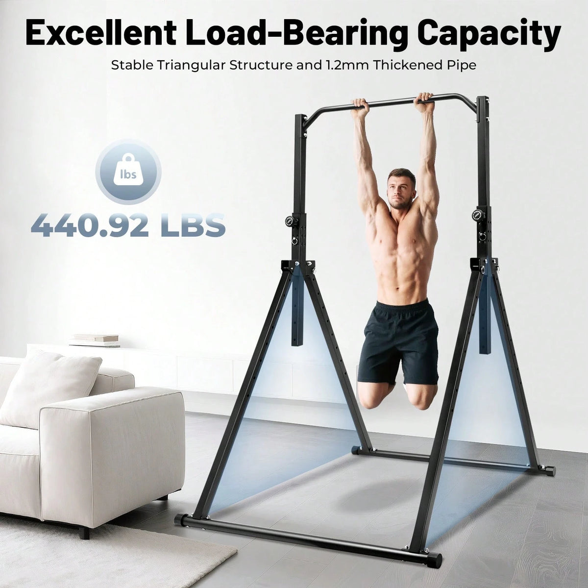 Foldable Free Standing Upper Body Fitness Bar,Black Baking Paint Carbon Steel Freestanding Pull Up Bar, 440LBS Heavy Load, Adjustable 5.74 To 7.55FT Height For Home Gym School Workout Pull Up Leg Rais