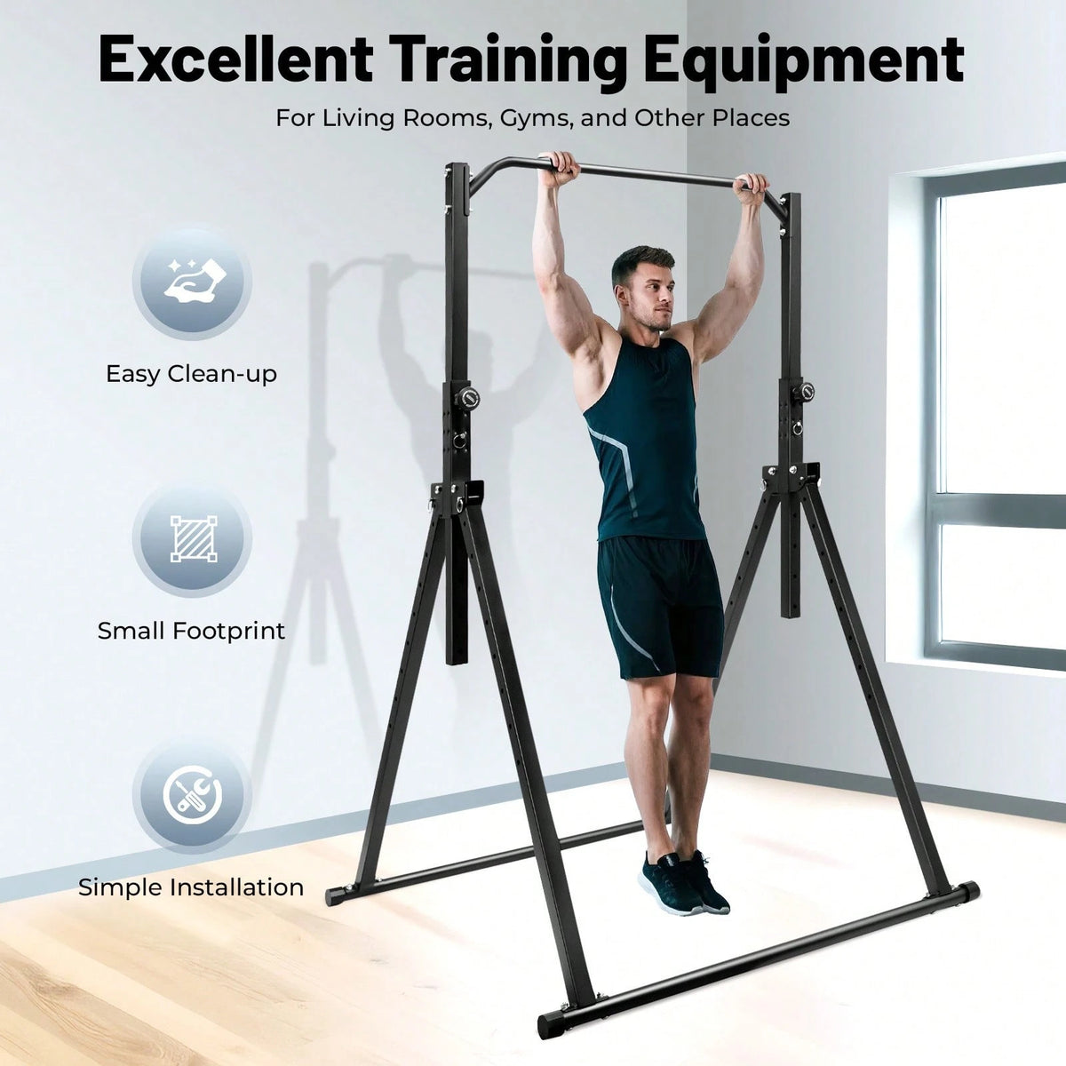Foldable Free Standing Upper Body Fitness Bar,Black Baking Paint Carbon Steel Freestanding Pull Up Bar, 440LBS Heavy Load, Adjustable 5.74 To 7.55FT Height For Home Gym School Workout Pull Up Leg Rais