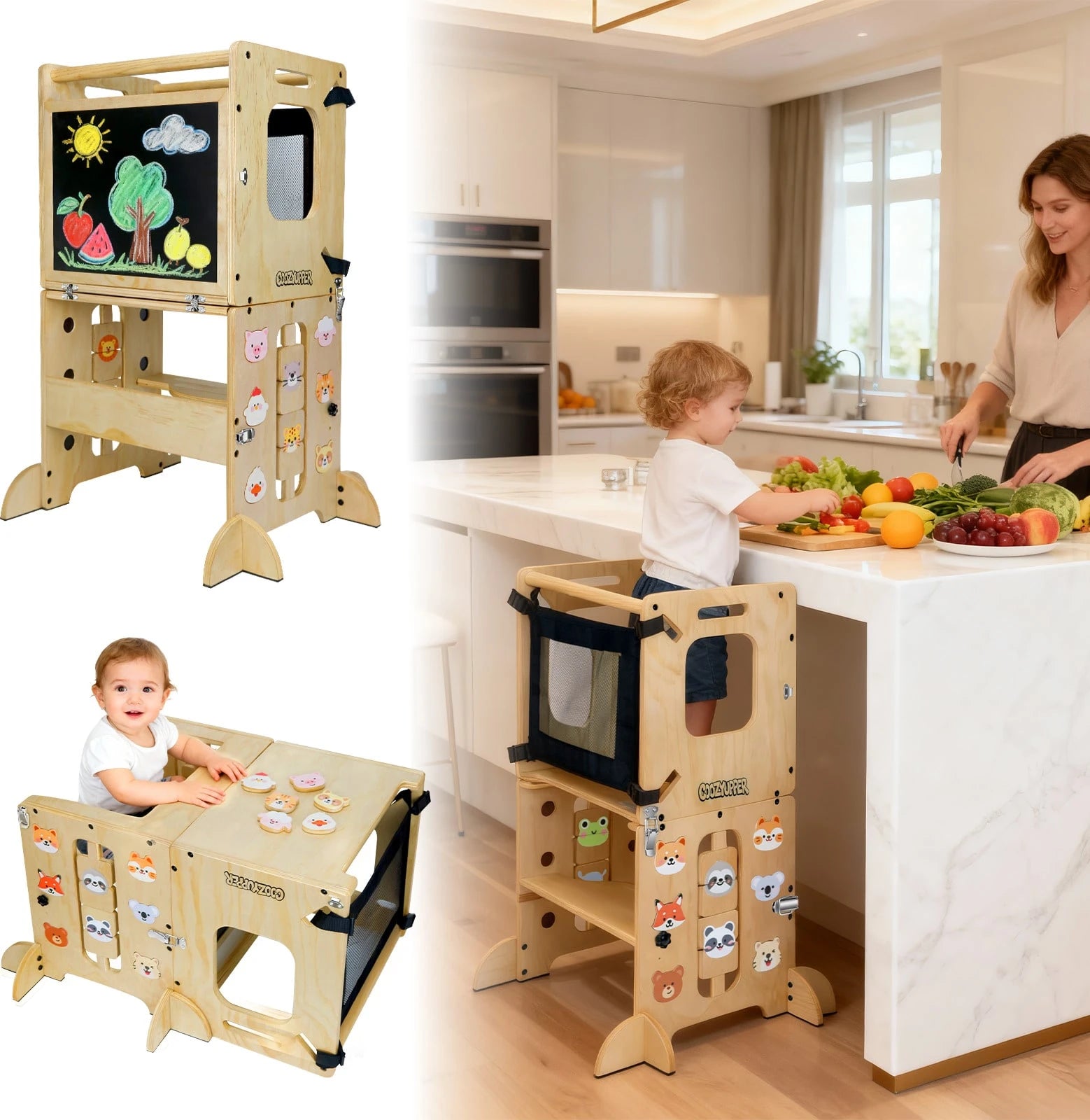 Foldable Wooden Toddler Learning Tower, 4-In-1 Step Stool With Blackboard & Animal Magnets, Anti-Tip Safety Design
