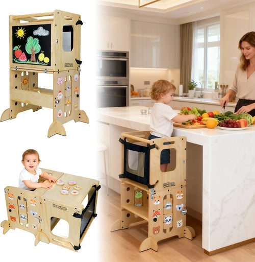 Foldable Wooden Toddler Learning Tower, 4-In-1 Step Stool With Blackboard & Animal Magnets, Anti-Tip Safety Design