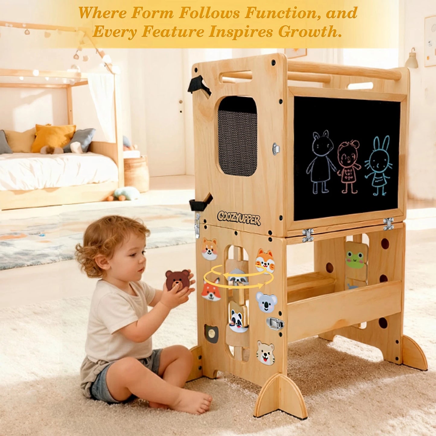 Foldable Wooden Toddler Learning Tower, 4-In-1 Step Stool With Blackboard & Animal Magnets, Anti-Tip Safety Design