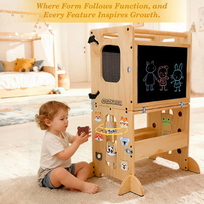 Foldable Wooden Toddler Learning Tower, 4-In-1 Step Stool With Blackboard & Animal Magnets, Anti-Tip Safety Design