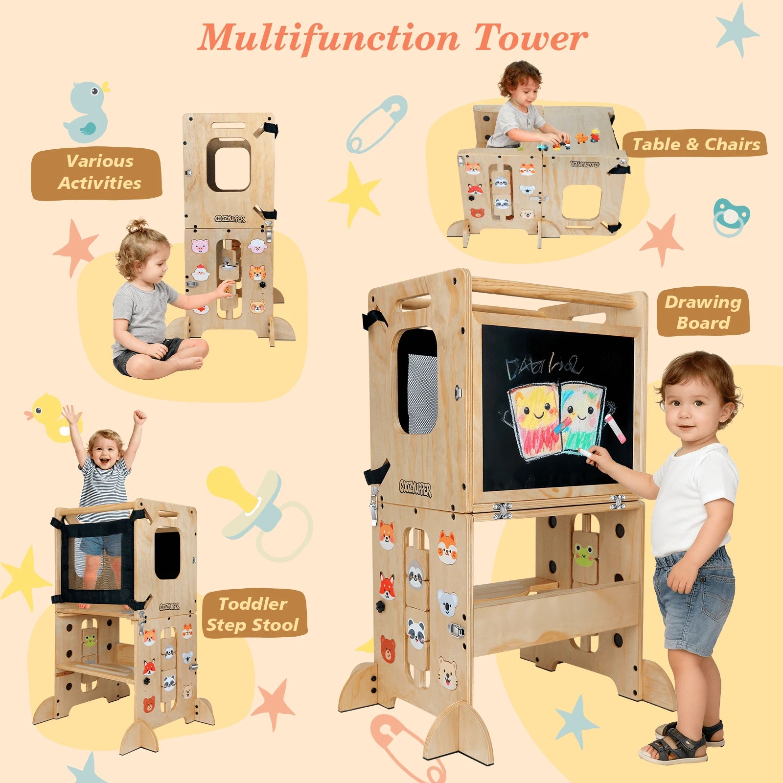 Foldable Wooden Toddler Learning Tower, 4-In-1 Step Stool With Blackboard & Animal Magnets, Anti-Tip Safety Design