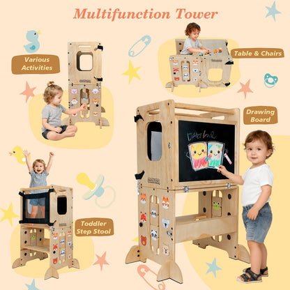 Foldable Wooden Toddler Learning Tower, 4-In-1 Step Stool With Blackboard & Animal Magnets, Anti-Tip Safety Design