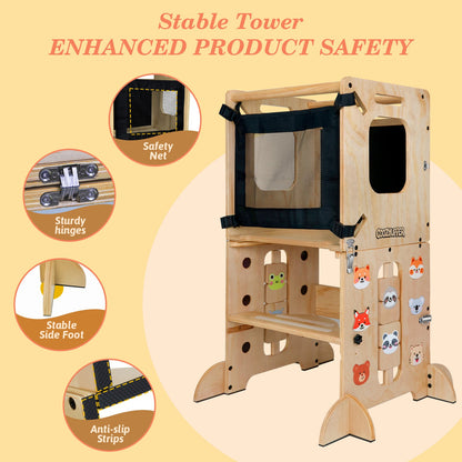 Foldable Wooden Toddler Learning Tower, 4-In-1 Step Stool With Blackboard & Animal Magnets, Anti-Tip Safety Design