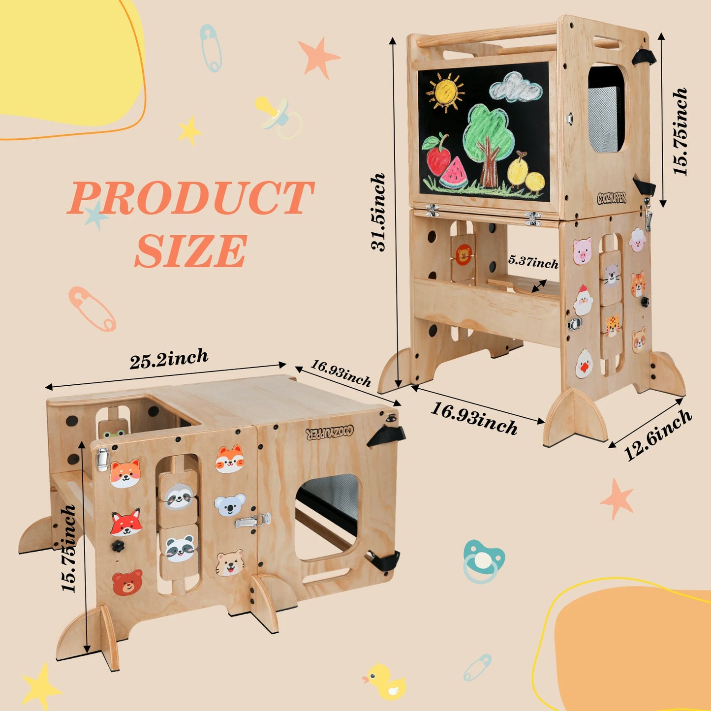 Foldable Wooden Toddler Learning Tower, 4-In-1 Step Stool With Blackboard & Animal Magnets, Anti-Tip Safety Design