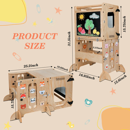 Foldable Wooden Toddler Learning Tower, 4-In-1 Step Stool With Blackboard & Animal Magnets, Anti-Tip Safety Design