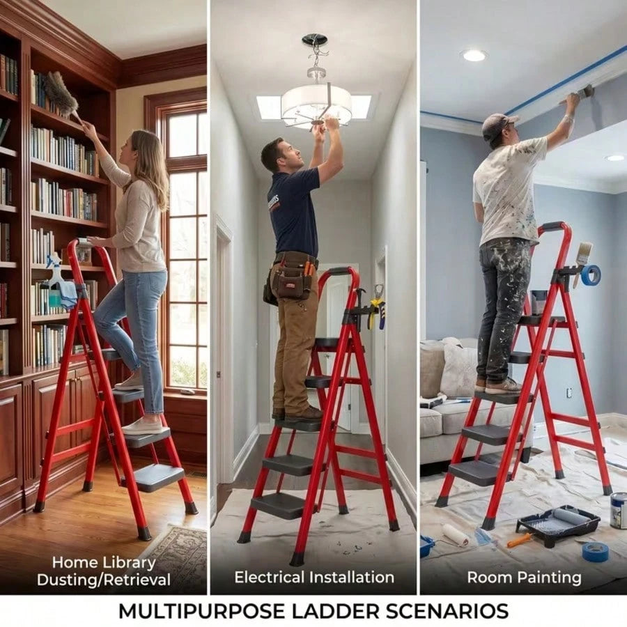 Folding Ladder, 3/4/5-Step Ladder, With A Weight Capacity Of 490 Lbs, Anti-Slip Wide Pedals With Safety Locks, Rust-Resistant Material, Suitable For Home, Garage, Outdoor, And Industrial Use