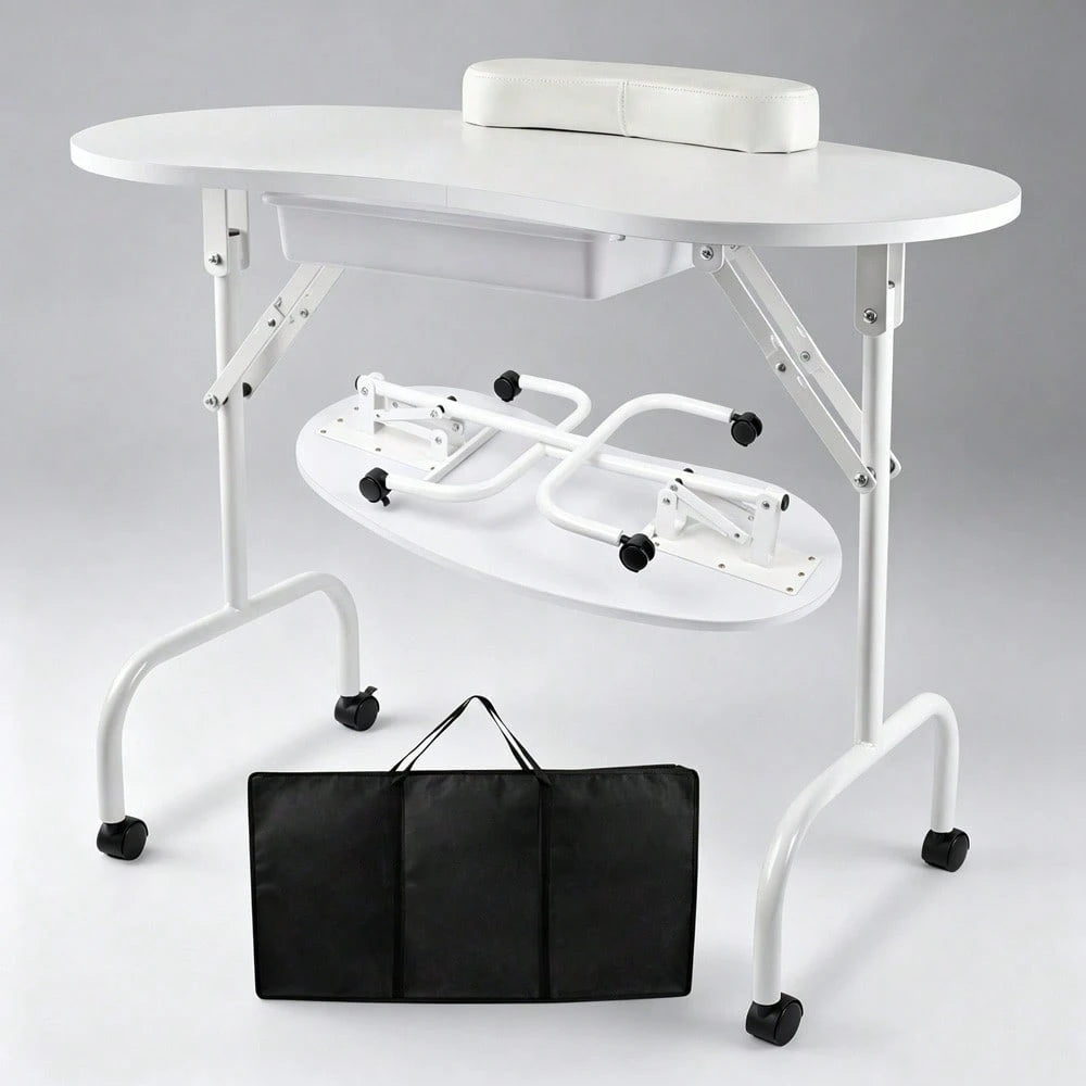 Folding Manicure Table With Wheels And Bag White Tabletop, Metal MDF, Portable Carrying Bag, Easy Assembly For Mobile Beauticians