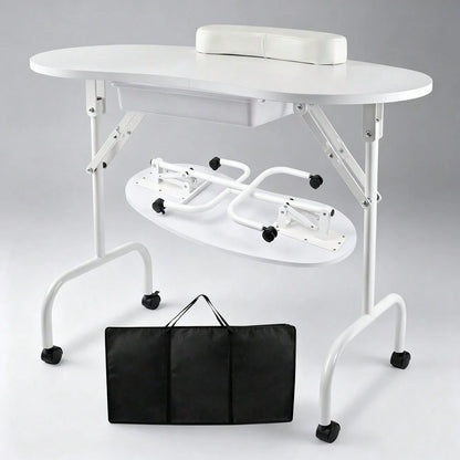 Folding Manicure Table With Wheels And Bag White Tabletop, Metal MDF, Portable Carrying Bag, Easy Assembly For Mobile Beauticians