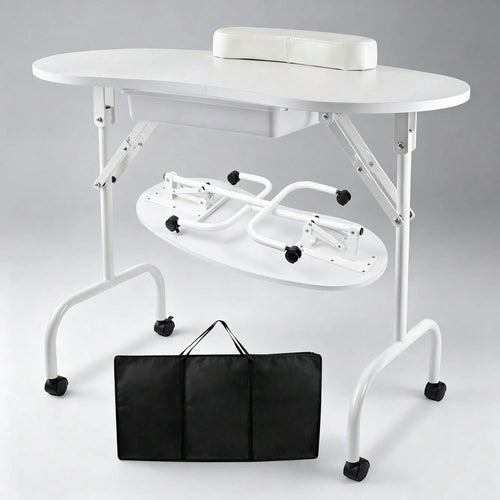 Folding Manicure Table With Wheels And Bag White Tabletop, Metal MDF, Portable Carrying Bag, Easy Assembly For Mobile Beauticians