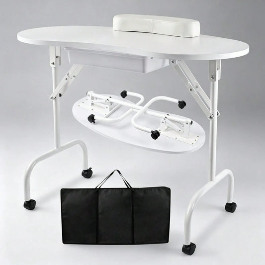 Folding Manicure Table With Wheels And Bag White Tabletop, Metal MDF, Portable Carrying Bag, Easy Assembly For Mobile Beauticians