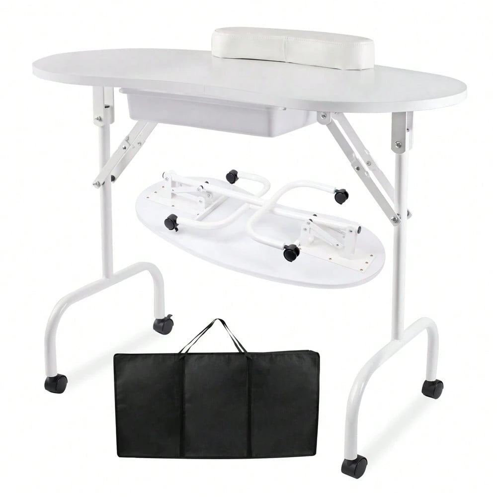 Folding Manicure Table With Wheels And Bag White Tabletop, Metal MDF, Portable Carrying Bag, Easy Assembly For Mobile Beauticians
