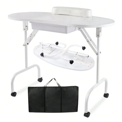 Folding Manicure Table With Wheels And Bag White Tabletop, Metal MDF, Portable Carrying Bag, Easy Assembly For Mobile Beauticians