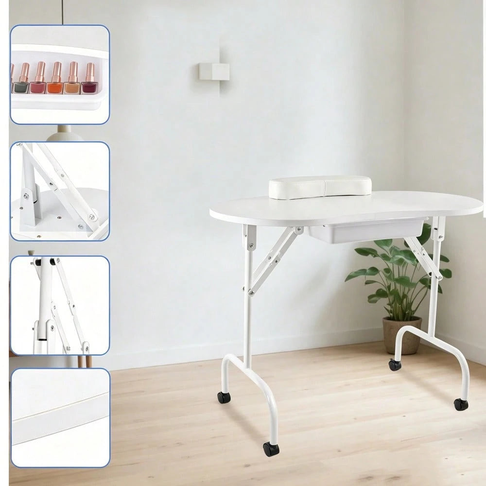 Folding Manicure Table With Wheels And Bag White Tabletop, Metal MDF, Portable Carrying Bag, Easy Assembly For Mobile Beauticians