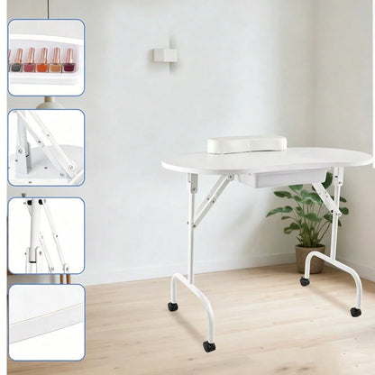 Folding Manicure Table With Wheels And Bag White Tabletop, Metal MDF, Portable Carrying Bag, Easy Assembly For Mobile Beauticians