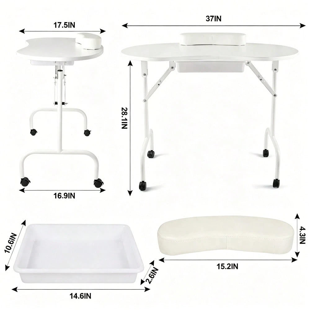 Folding Manicure Table With Wheels And Bag White Tabletop, Metal MDF, Portable Carrying Bag, Easy Assembly For Mobile Beauticians