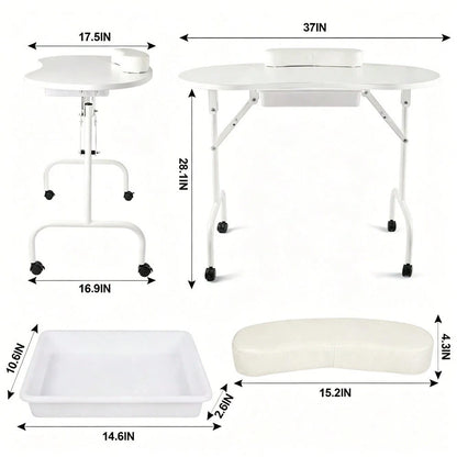 Folding Manicure Table With Wheels And Bag White Tabletop, Metal MDF, Portable Carrying Bag, Easy Assembly For Mobile Beauticians
