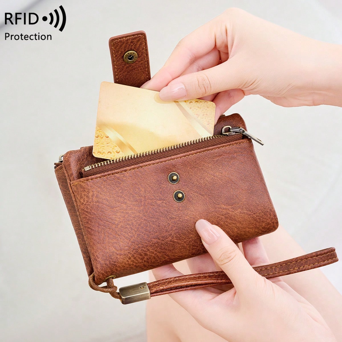FOREVER MIYIN Women's Minimalist RFID Anti-Theft Trifold Wallet, Large Capacity Clutch With Detachable Wrist Strap, Multi-Card Slot Zipper Anti-Theft Card Holder, Suitable For Women's Business Casual