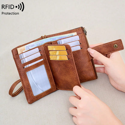 FOREVER MIYIN Women's Minimalist RFID Anti-Theft Trifold Wallet, Large Capacity Clutch With Detachable Wrist Strap, Multi-Card Slot Zipper Anti-Theft Card Holder, Suitable For Women's Business Casual