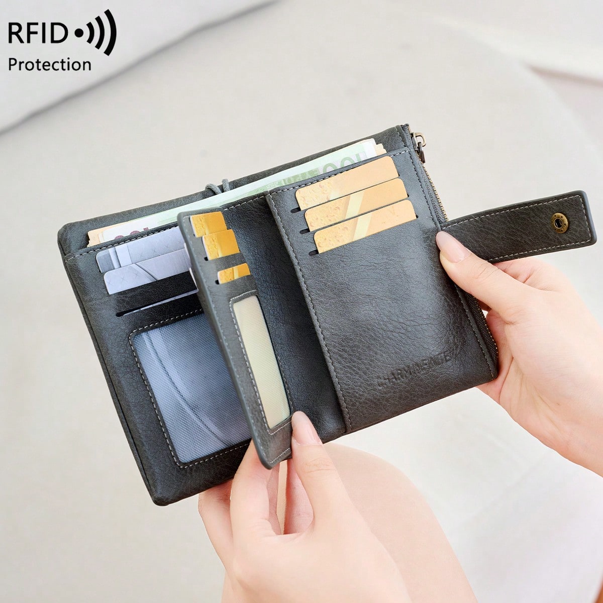 FOREVER MIYIN Women's Minimalist RFID Anti-Theft Trifold Wallet, Large Capacity Clutch With Detachable Wrist Strap, Multi-Card Slot Zipper Anti-Theft Card Holder, Suitable For Women's Business Casual