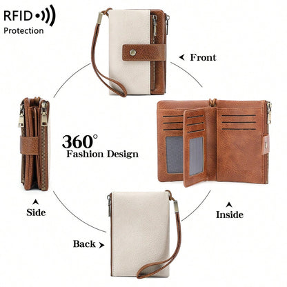FOREVER MIYIN Women's Minimalist RFID Anti-Theft Trifold Wallet, Large Capacity Clutch With Detachable Wrist Strap, Multi-Card Slot Zipper Anti-Theft Card Holder, Suitable For Women's Business Casual