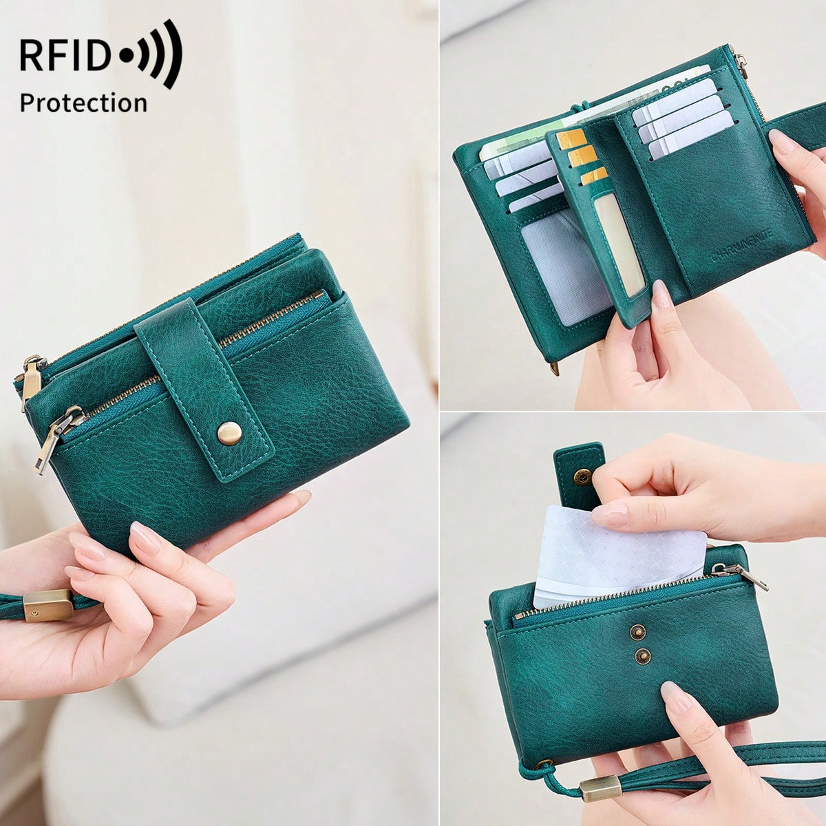 FOREVER MIYIN Women's Minimalist RFID Anti-Theft Trifold Wallet, Large Capacity Clutch With Detachable Wrist Strap, Multi-Card Slot Zipper Anti-Theft Card Holder, Suitable For Women's Business Casual