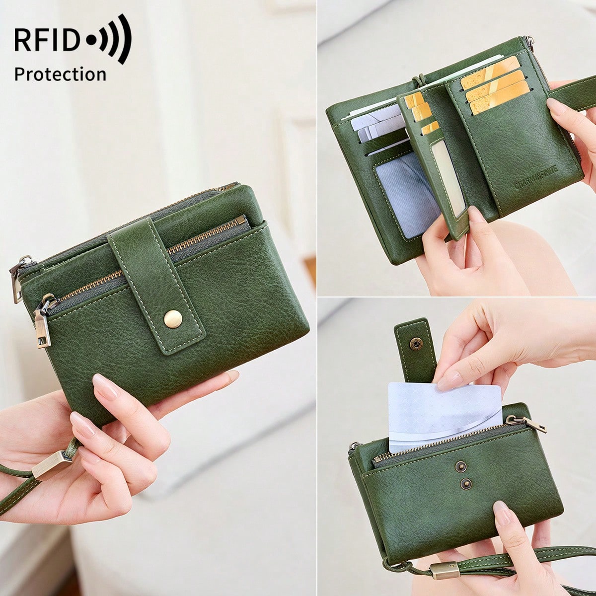 FOREVER MIYIN Women's Minimalist RFID Anti-Theft Trifold Wallet, Large Capacity Clutch With Detachable Wrist Strap, Multi-Card Slot Zipper Anti-Theft Card Holder, Suitable For Women's Business Casual