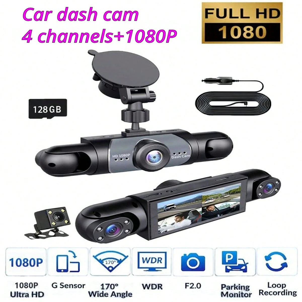 Four-Camera Car Dash Cam- 1080P Front, 720P Front And Rear, Full Car Loop Recording, Supports HD Night Vision, Wide Dynamic Imaging Technology, Reversing Image, A Common Accessory Gift For Driving