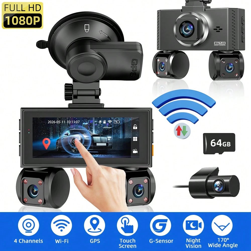 FOXGOD 4 Channels Dash Camera With 5G Wifi, 3.6 Inch Touch IPS Screen,, 4*1080P Wide Angle Lens, Loop Recording And G-Sensor, Support GPS, Voice Recording, Free 64G Memory Card, APP Download