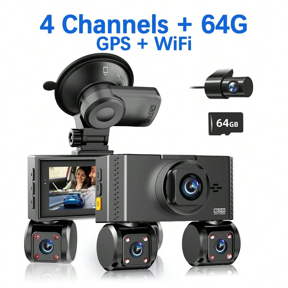 FOXGOD 4 Channels Dash Camera With 5G Wifi, 3.6 Inch Touch IPS Screen,, 4*1080P Wide Angle Lens, Loop Recording And G-Sensor, Support GPS, Voice Recording, Free 64G Memory Card, APP Download