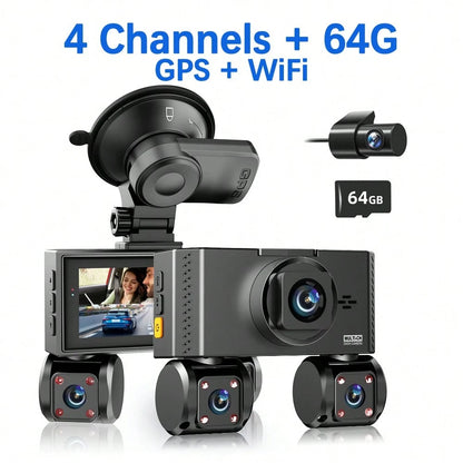 FOXGOD 4 Channels Dash Camera With 5G Wifi, 3.6 Inch Touch IPS Screen,, 4*1080P Wide Angle Lens, Loop Recording And G-Sensor, Support GPS, Voice Recording, Free 64G Memory Card, APP Download